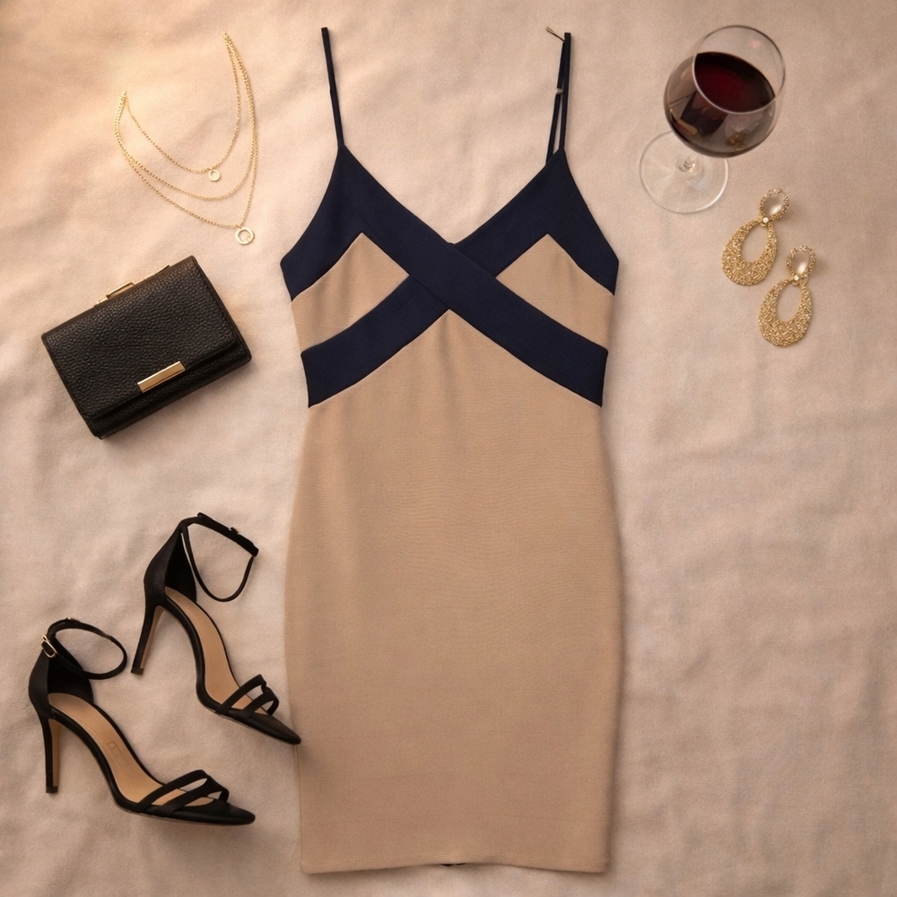 Olive Tree Navy Taupe Colorblock Bodycon Dress SM Criss Cross V Neck Date Nigh